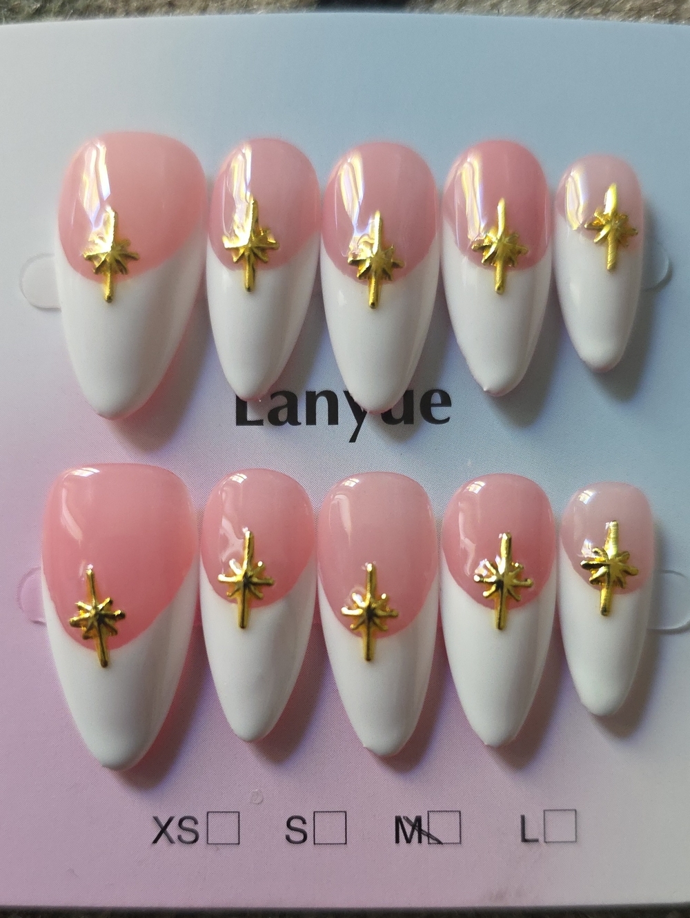 Pink & White Gold Star Press-On Nail Set Size Med